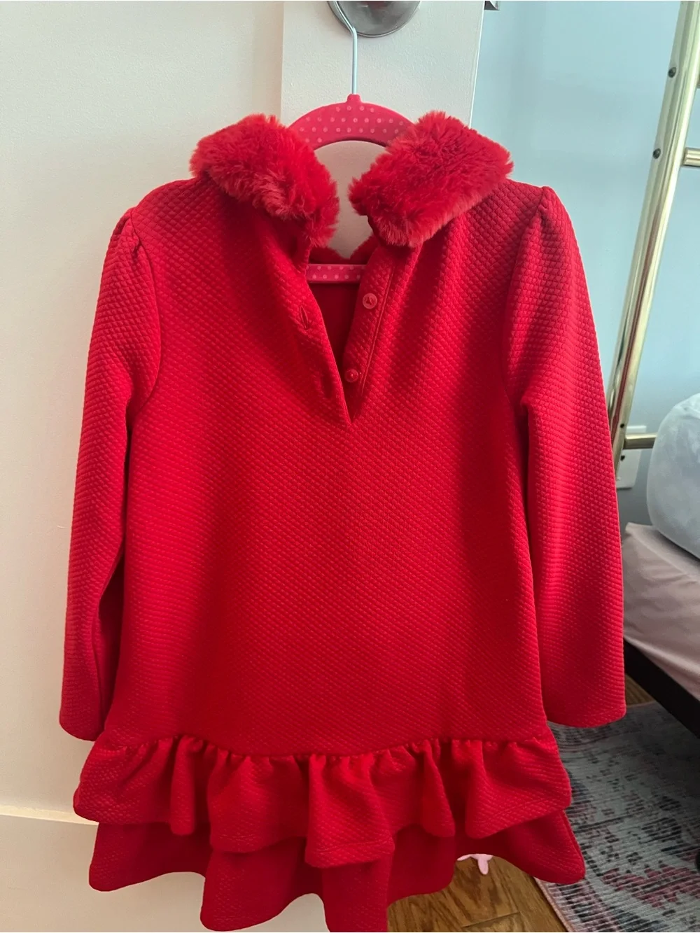 Janie and Jack Red Textured Dress with Faux Fur Collar